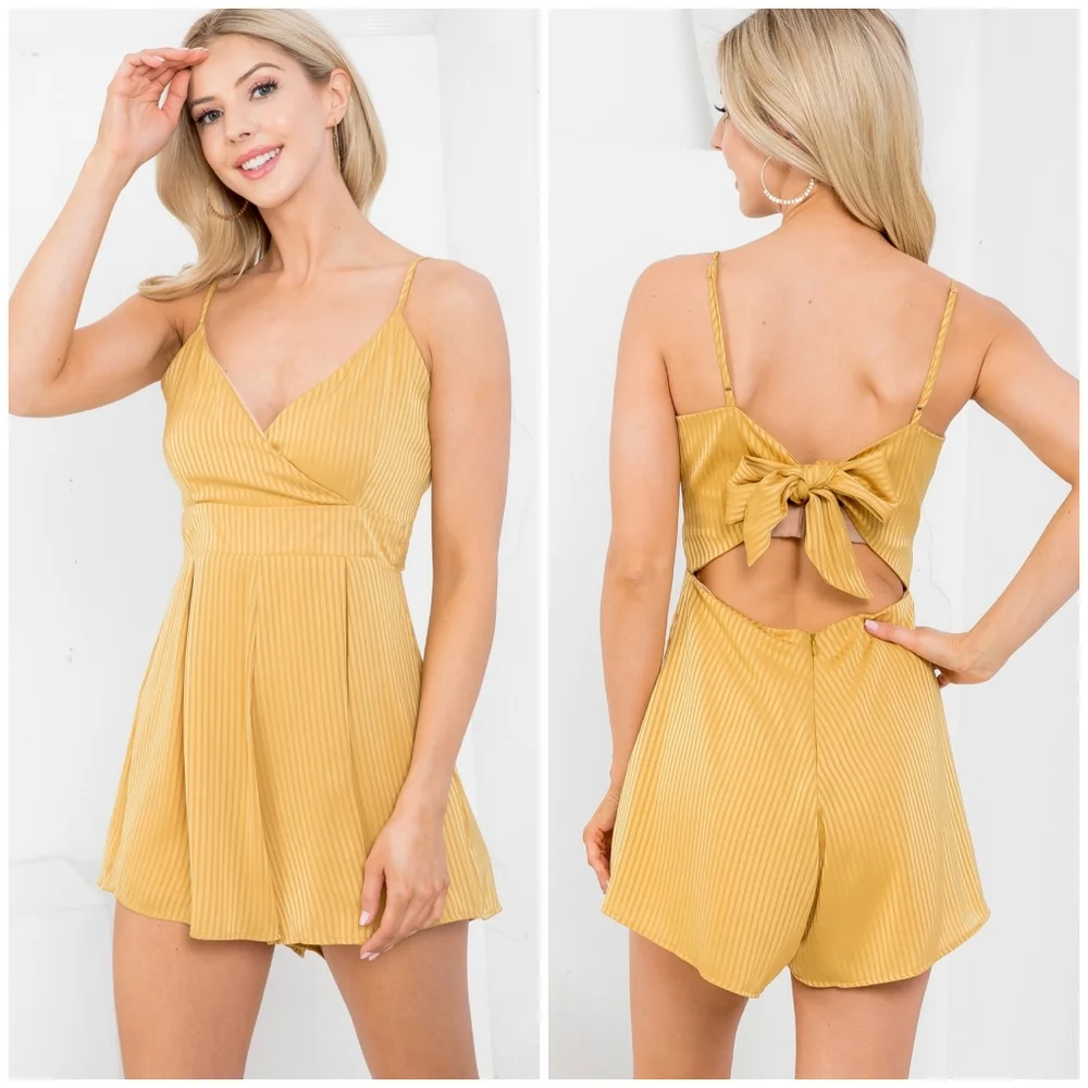 LE LIS Flirty Chic Mustard Yellow Bow Tie Back Romper - Picture 3 of 5
